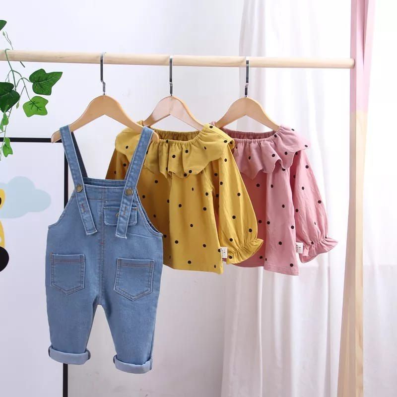 [1-5T] Setelan Set Anak Perempuan Overall Jumpsuit Panjang JEANS katun POLKADOT Mice rabbit / SETELAN OVERALL JUMPSUIT JEANS POLKADOT IMPORT