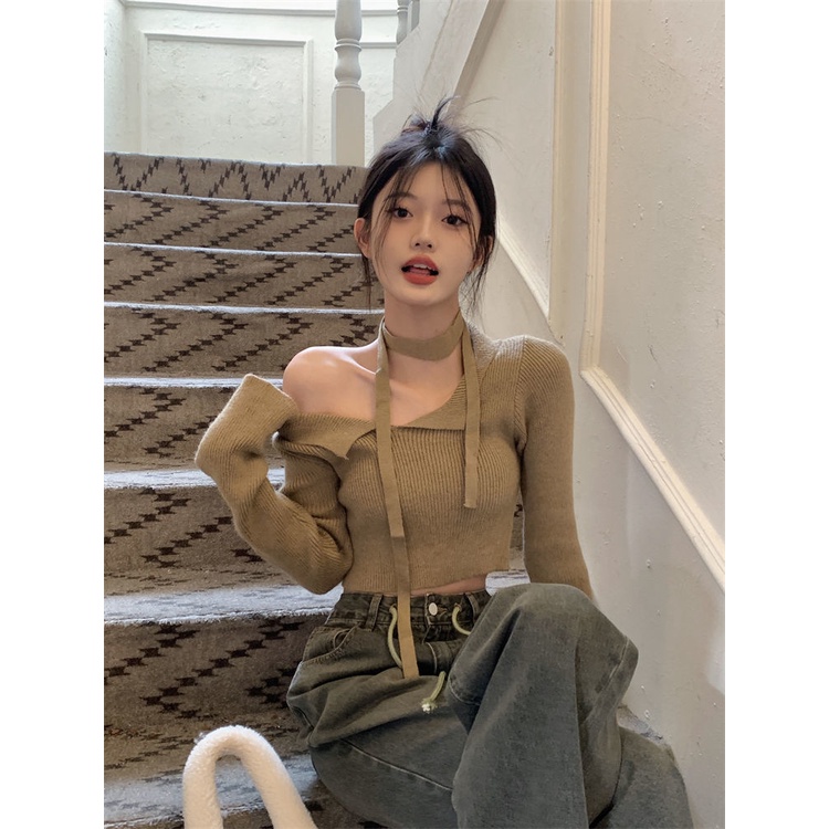 Red Keinginan murni off-the-shoulder rajutan sweater wanita musim gugur dan musim dingin self-budidaya bagian pendek sweater pakaian luar sweater babes one-shoulder lengan panjang top