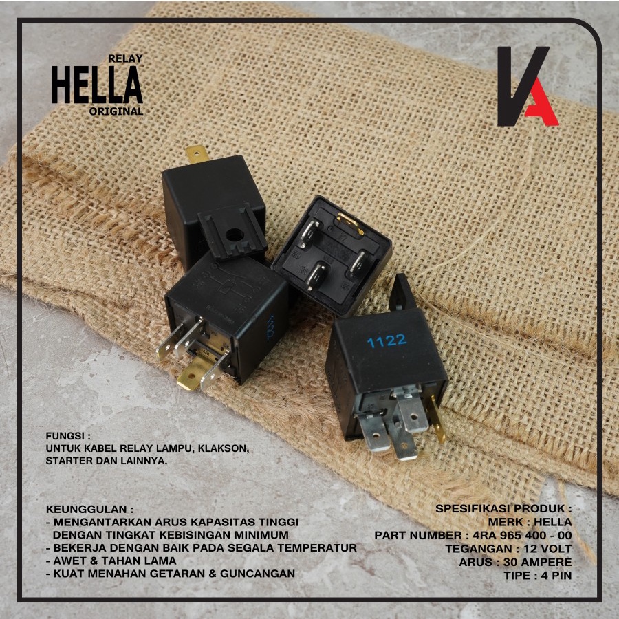 Relay HELLA Kaki 4 Pin 12v 30 Ampere Mobil Motor Original