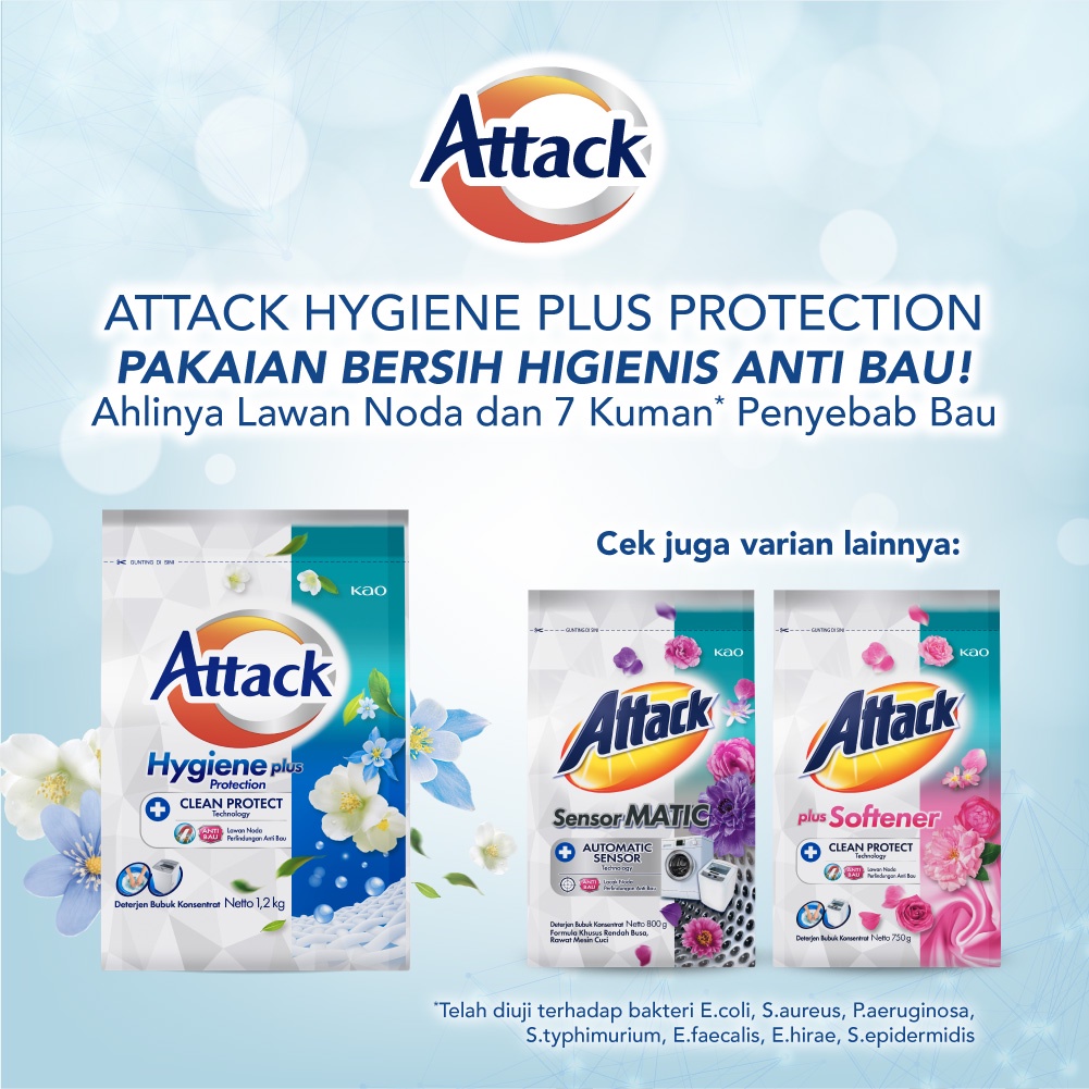 Attack Hygiene Plus Deterjen Bubuk Semua Jenis Mesin Cuci 1200gr Triple Pack - Sabun Cuci Baju / Powder Detergent Pembersih Pakaian - Lebih Higienis, Efektif Melawan 7 Jenis Kuman