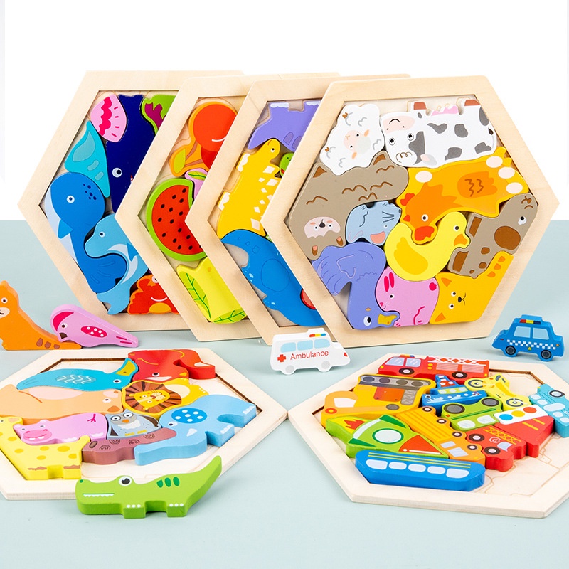 WE Puzzle 3D Hexagon Animal Wooden Montessori Wooden Chunky Hexagon Puzzle Mencocokan Bentuk Karakter