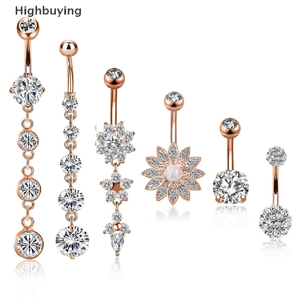 Hbid 6PCS 14G Stainless Steel Crystal Belly Button Rings Cincin Pusar Perhiasan Glory