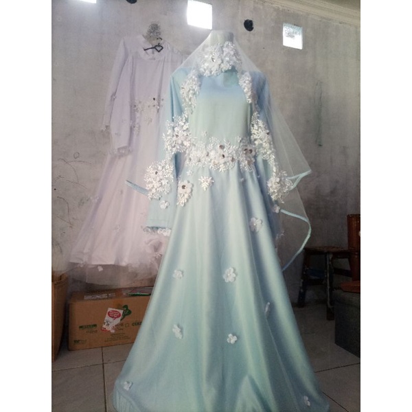 Gaun pengantin syar'i baby blue, gaun akad, gaun walimah, bisa request ukuran full set banyak bonusnya garansi