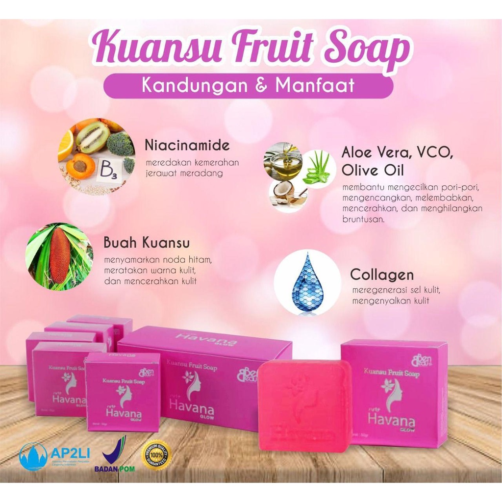 Sabun Whitening Pemutih Penghilang Jerawat Flek Noda Hitam Keriput  - Pencerah Pelembab  Kulit Wajah Muka Kolagen Niacinamide Buah Kuansu Havana Glow Kuansu Fruit Soap BPOM