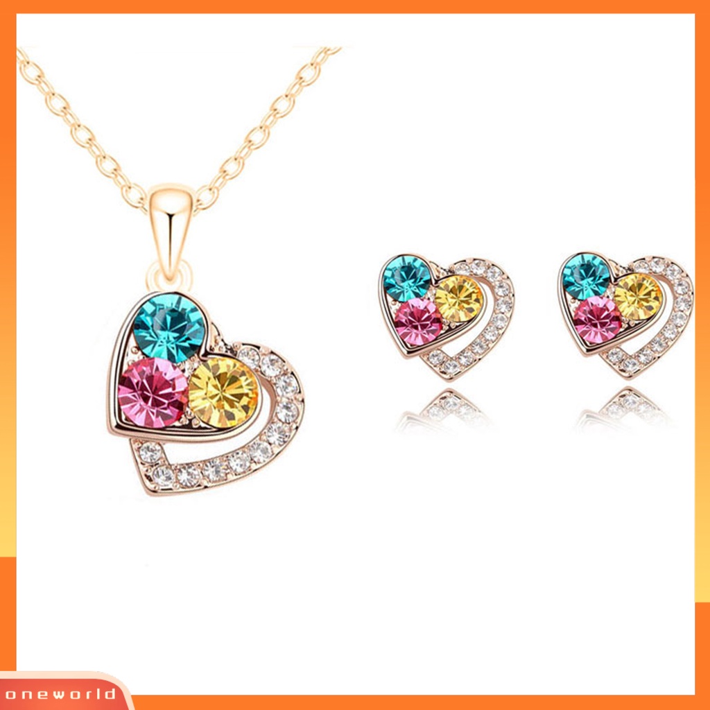 [oneworld] 1set Perhiasan Wanita Set Shiny Colorful Full Rhinestones Geometris Berkilau Hias Hadiah Anniversary Cinta Bentuk Hati Liontin Kalung Stud Anting Set