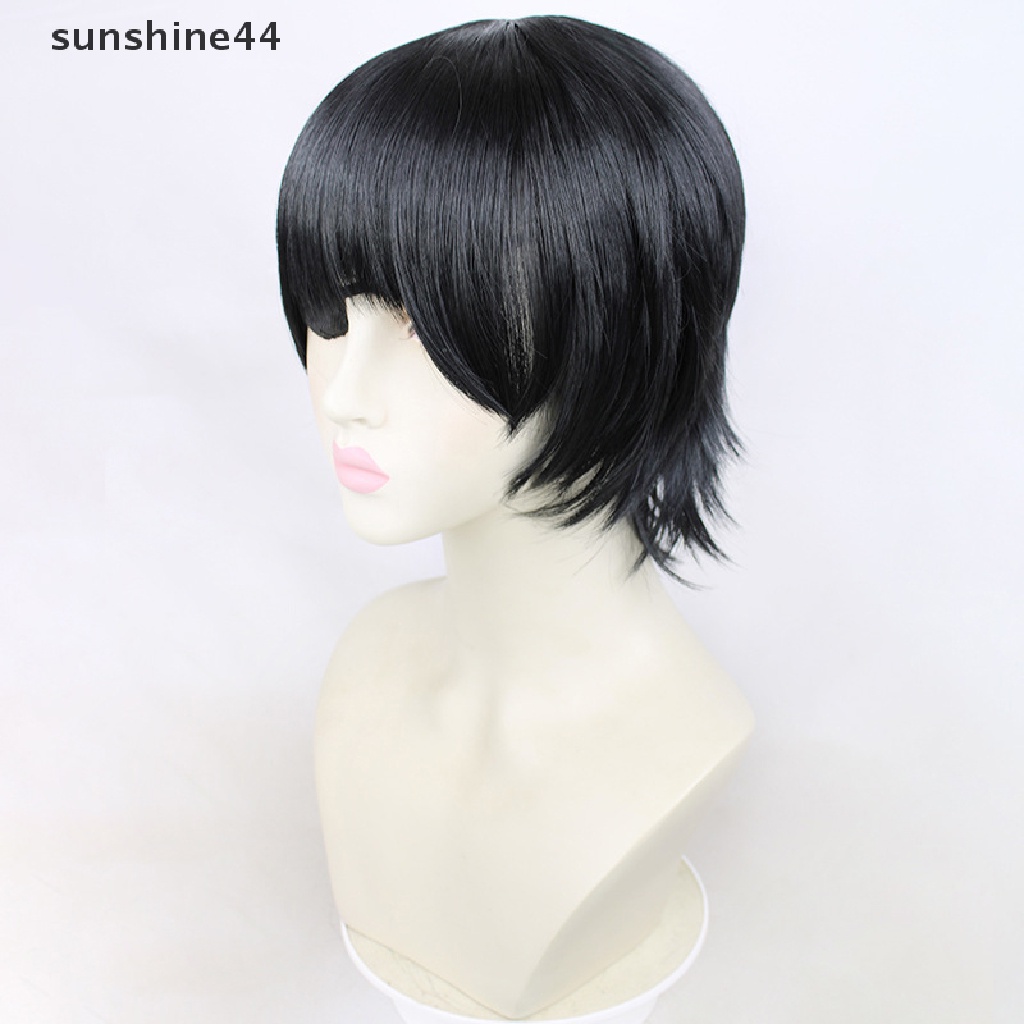 Sunshine Himeno Wig Chain Man Hitam Pendek Berbulu Lapis Rambut Sintetis Tempelan Tahan Panas Kostum Wig Pesta.