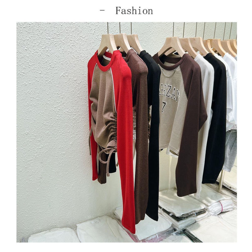 #Sisjuly# Kaos lengan panjang wanita atasan kemeja ramping ramping dan tipis lipit atasan kemeja pen