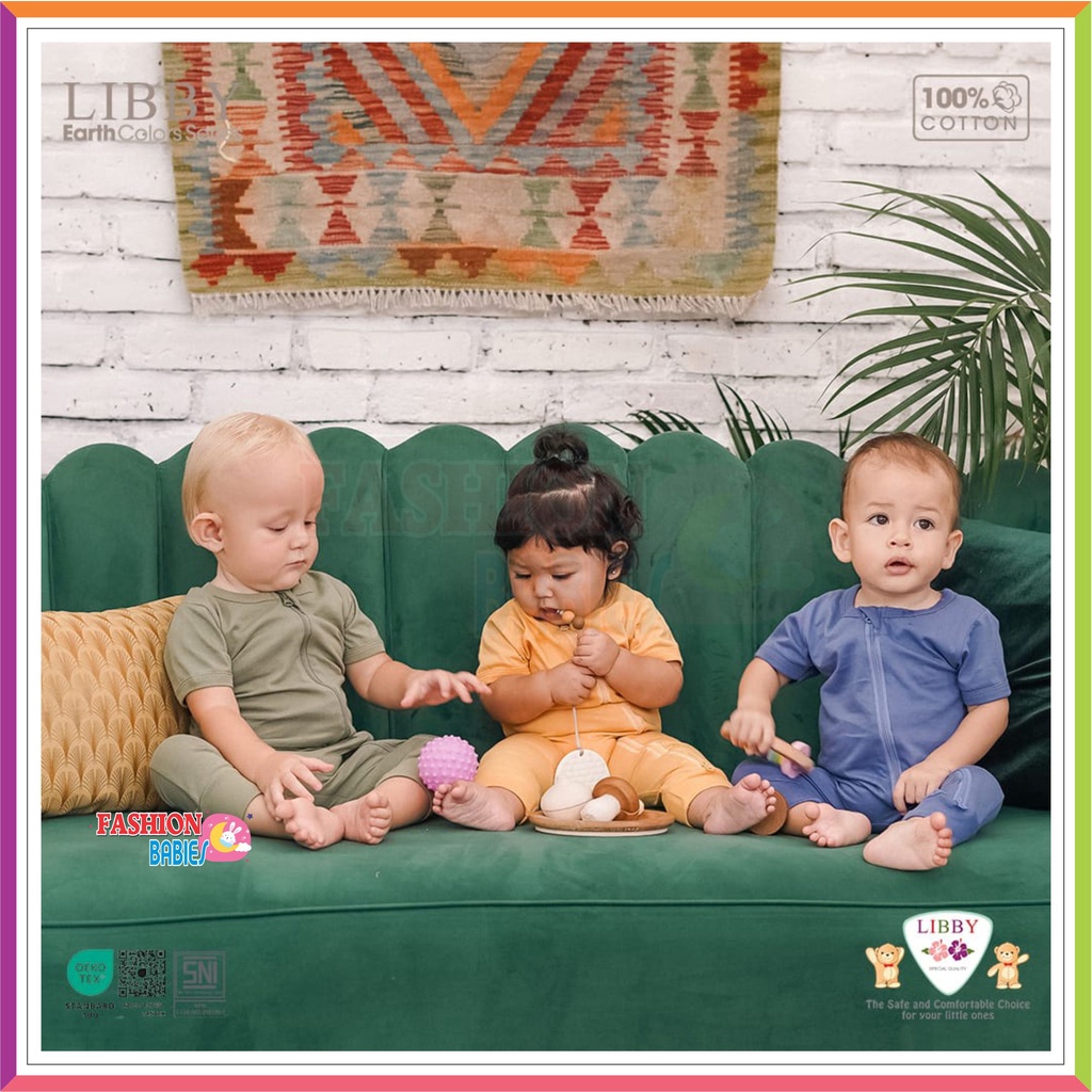 LIBBY ZIPPY SUIT EARTH COLOUR | ZIPPER JUMPSUIT LENGAN PENDEK 0-12 BULAN