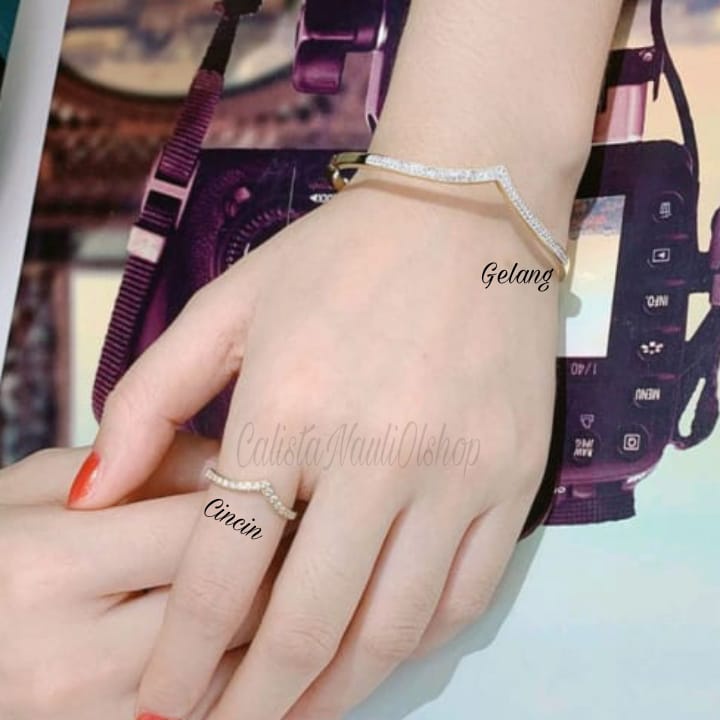 GELANG BANGKOK+CINCIN  TITANIUM VUJI PERMATA ZIRCON PERHIASAN EMAS KOREA ANTI KARAT DAN ANTI LUNTUR