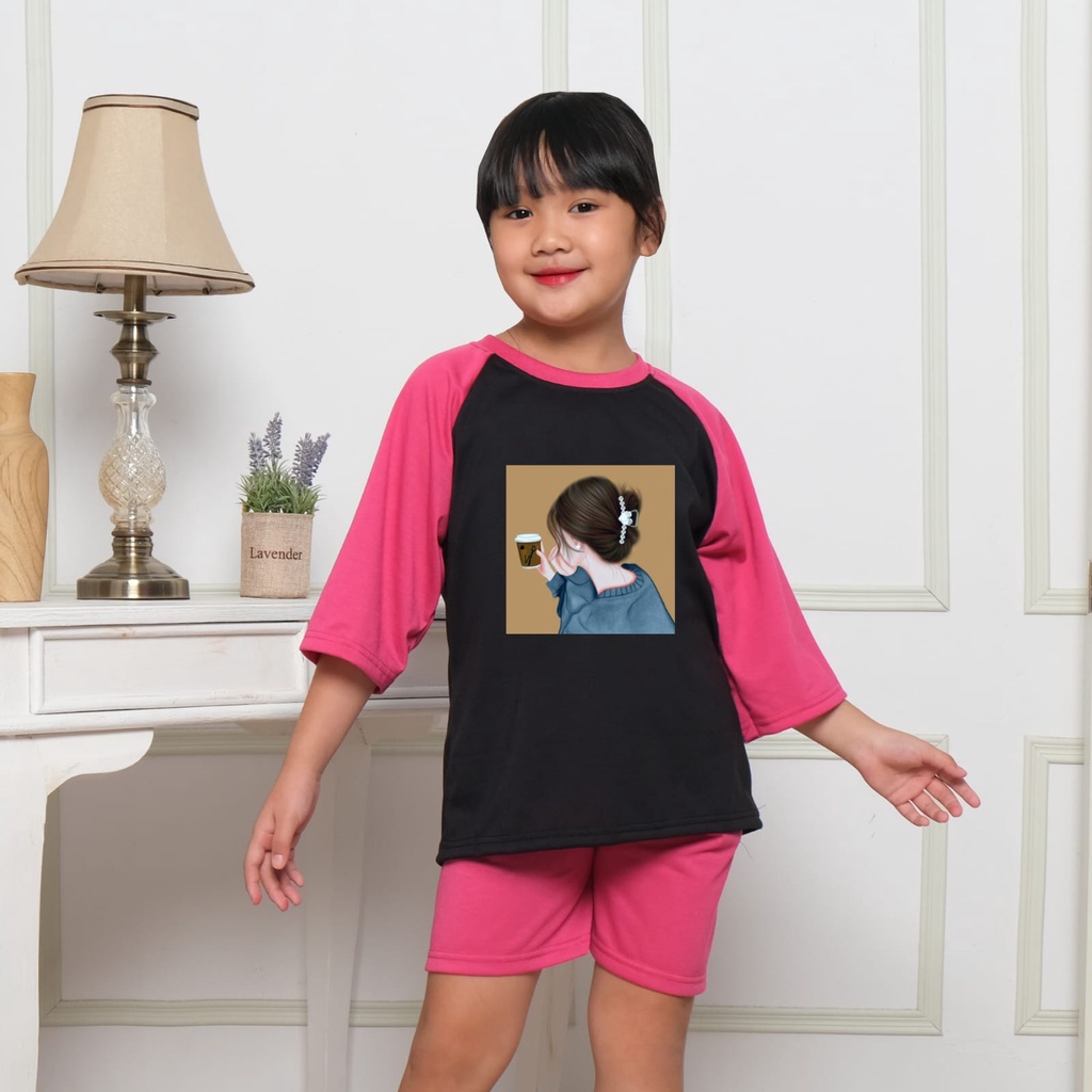 Hzl_outfit Baju Setelan Lengan 3/4 Lip Cream Implora Anak Perempuan (COD)