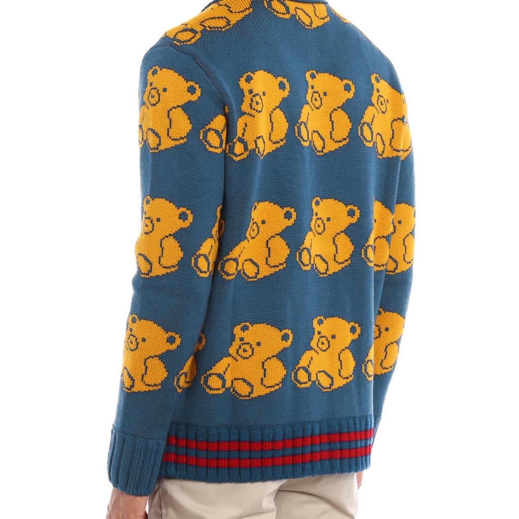 Teddy bear jacquard blue knit cardigan