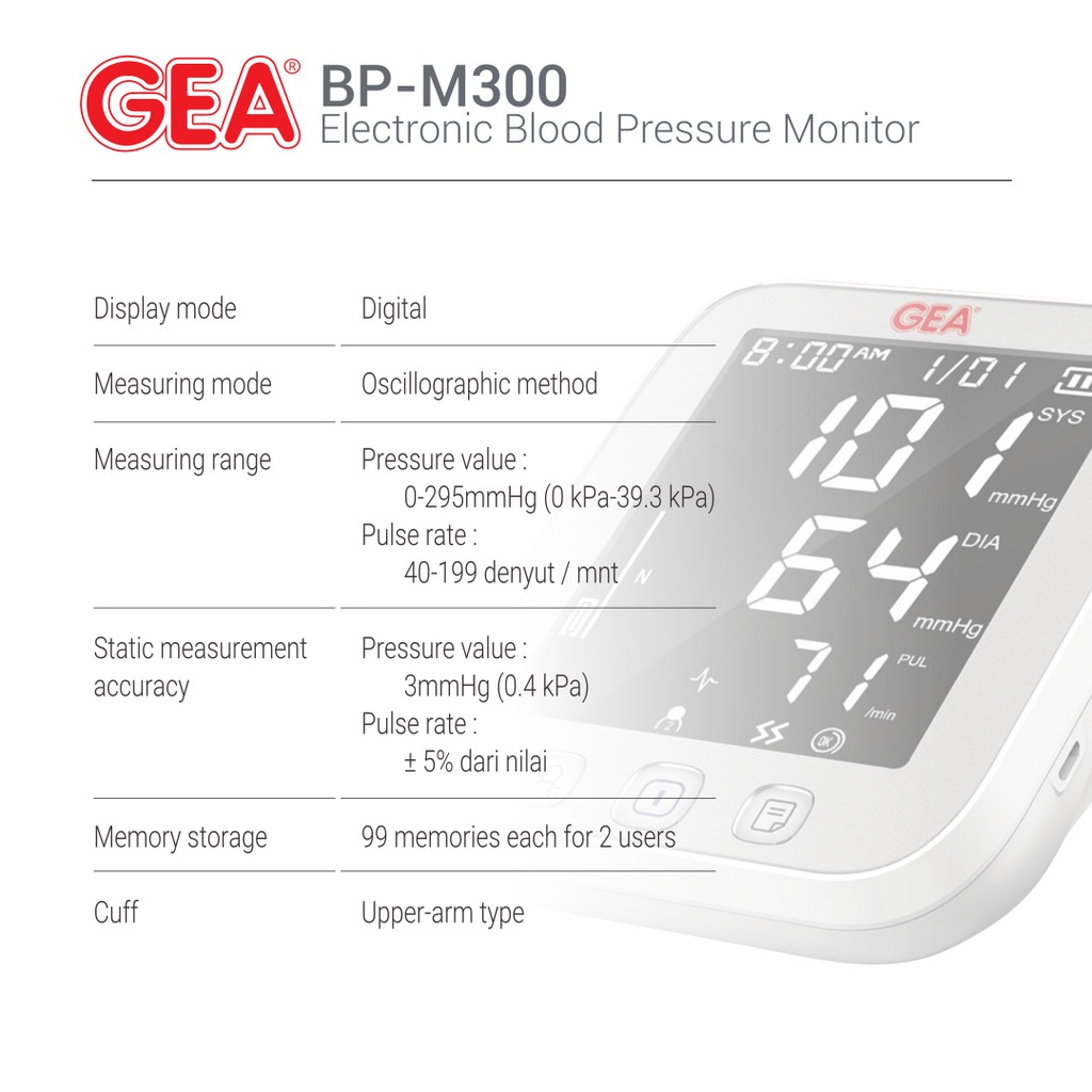 Tensimeter Digital GEA BP-M300 Layar Menyala / Alat Ukur Tekanan Darah GEA BP M300 / Tensimeter GEA BP-M300