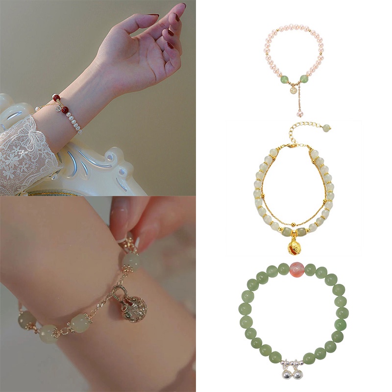 Xia.id Gelang Tangan Wanita Desain Mutiara Hijau Gaya China Retro Untuk Hadiah