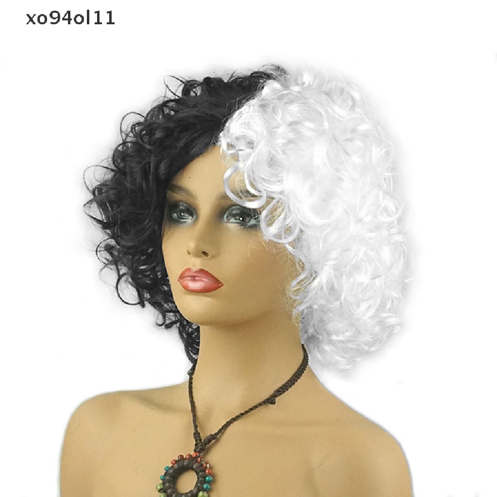 Xo Movie Cruella Black and White Wig Curly Pendek Rambut Sintetis Tahan Panas2021 OL