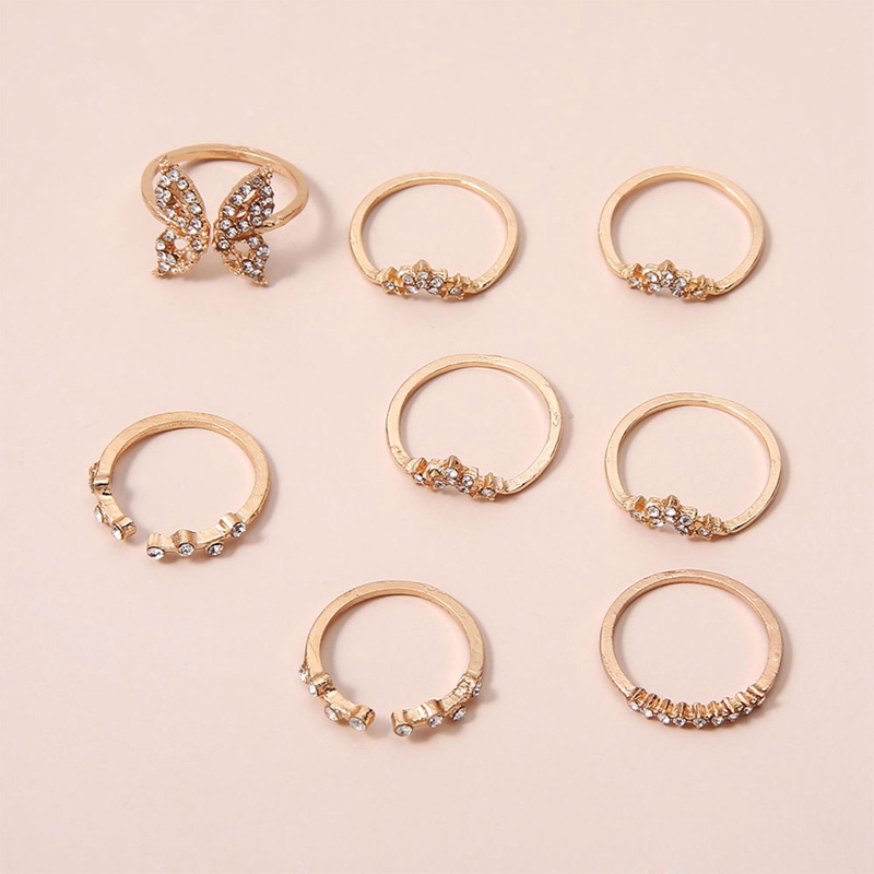 8pcs/set Korea Fashion Cincin Emas Kupu-Kupu Berongga Mutiara Cincin Jari Rings Untuk Aksesoris Perhiasan Wanita
