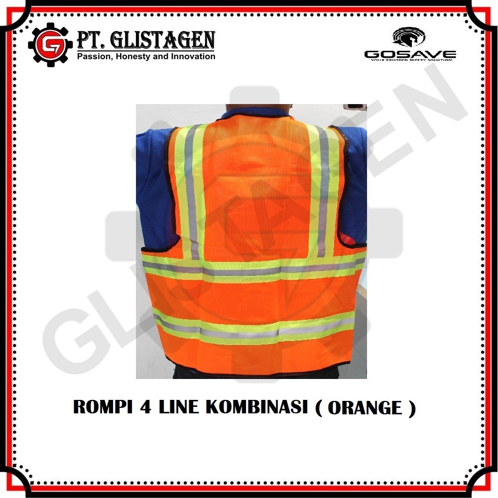 Rompi Safety Proyek Polyster 4 Line KOMBINASI Gosave HIJAU &amp; ORANGE