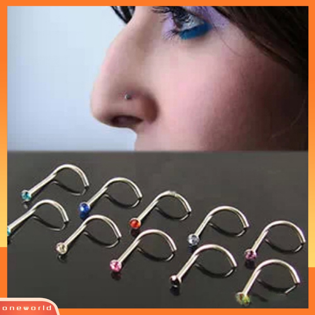 [oneworld] 10 Pcs Mixd Color Berlian Imitasi Kait Tulang Bar Pin Tindik Perhiasan Hidung Studs Rings