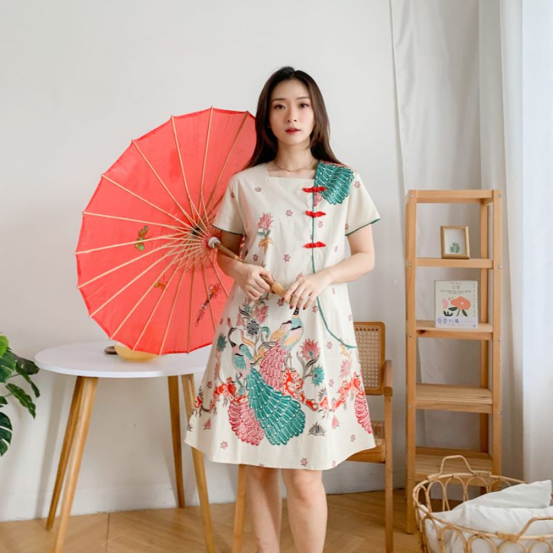 dress cheongsam jumbo/dress peacock/dress imlek/baju imlek/dress cheongsam