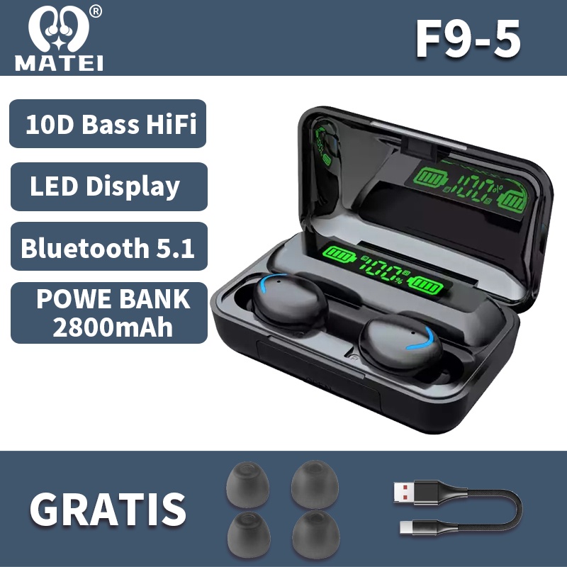 Matei Headset Bluetooth TWS EARPHONE M10  Digital Indicator V5.1 BLUETOOTH Wireless mega bass Headphones gaming super-Hitam-F9-5
