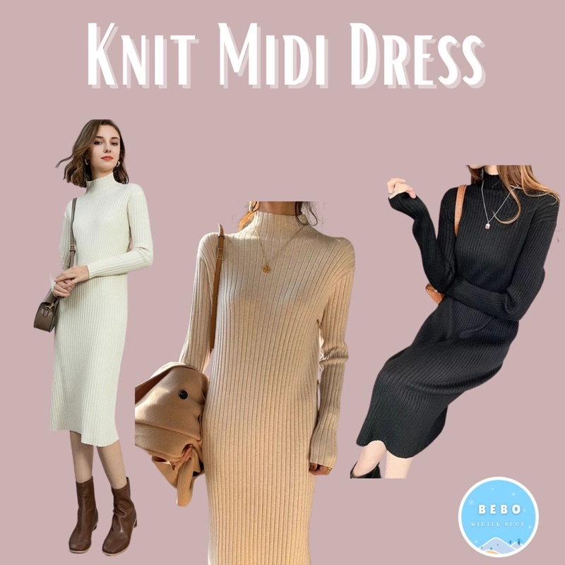 Knit Midi Dress Turtleneck Rajut