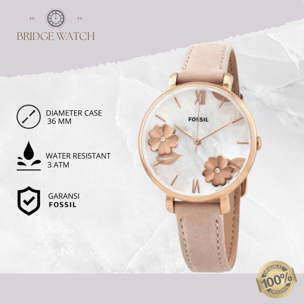 Jam Tangan Wanita Fossil Jacqueline ES4671 Original Analog Floral Pink Leather Strap Kulit Cewek Lux