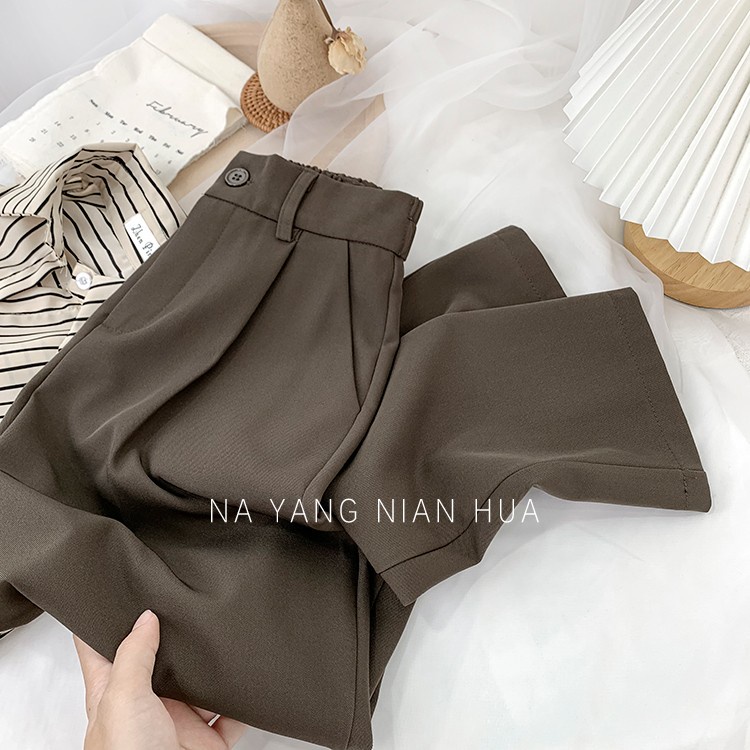 Hitam/Putih/Coklat Highwaist Straight Loose  Kasual Celana Setelan Wanita Korean