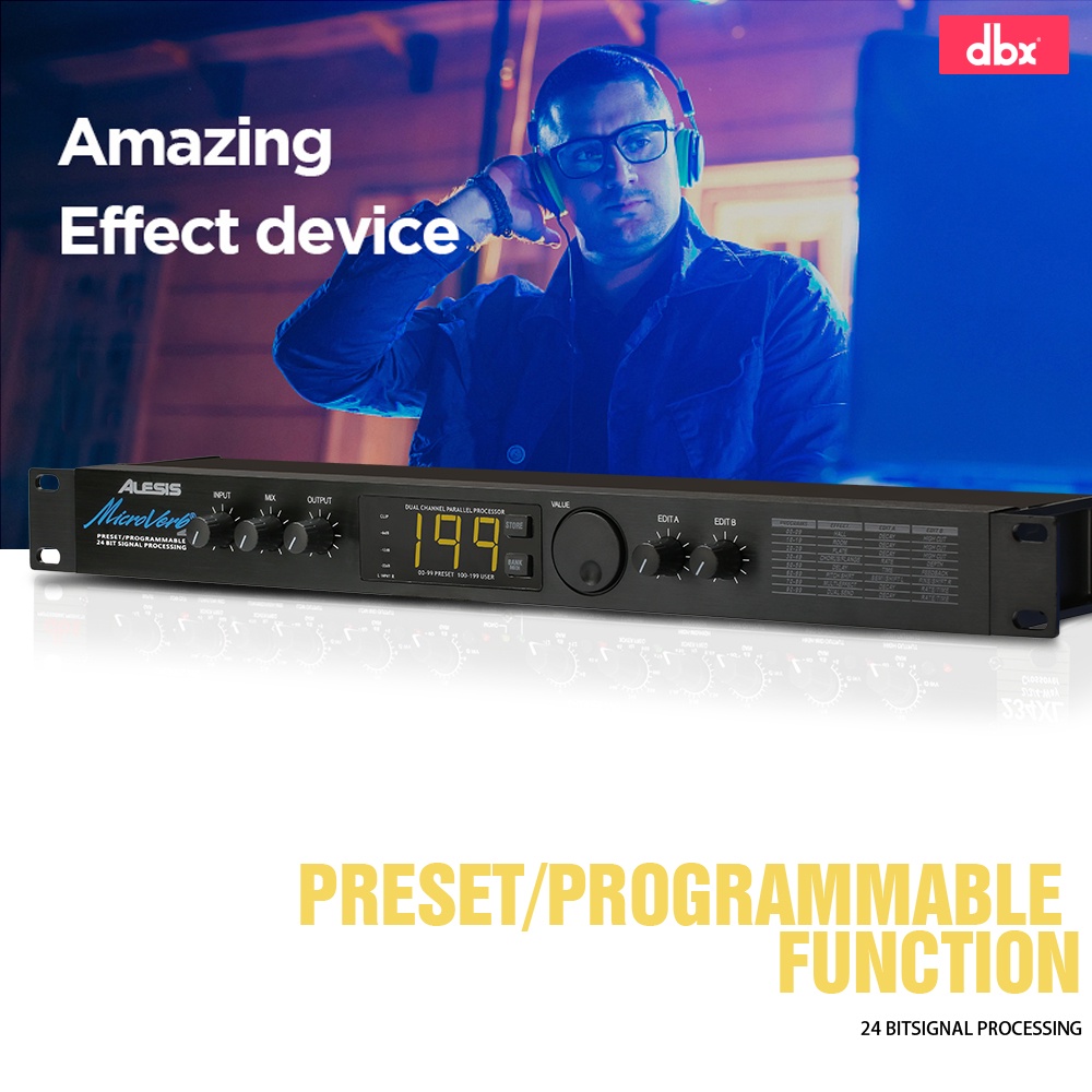 【COD】Efek Vokal Microverb 4 Menawarkan 100 ambang batas dan MIC4 program pengguna untuk reverb berkualitas tinggi Delay and chorus to multiple and dual send sequence channels Input daya 9VAC, antarmuka MIDI, output/input antarmuka 6.35MM