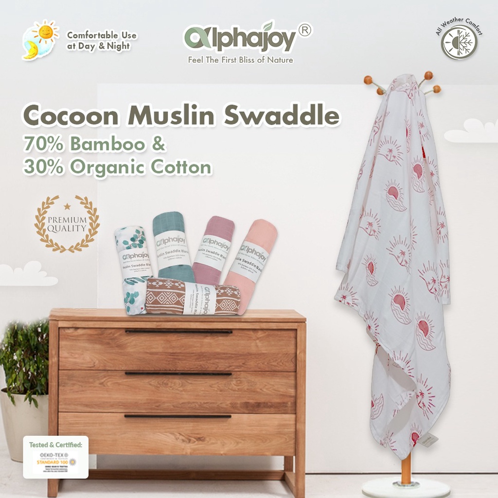Alphajoy Cocoon Baby Muslin Swaddle Bamboo Organic cotton kain bedong selimut bayi halus lembut bamb