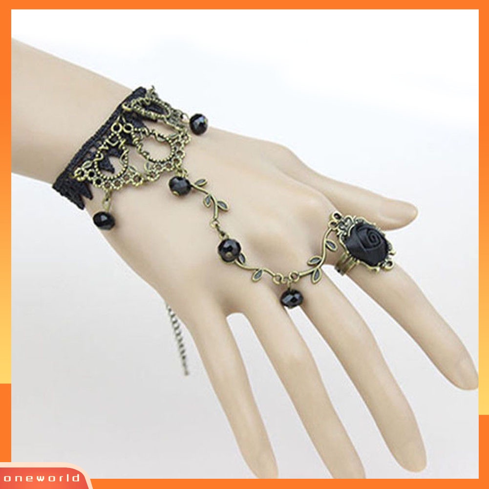 {oneworld} Gothic Perhiasan Wanita Renda Bunga Tangan Budak Rantai Cincin Harness Gelang Hadiah