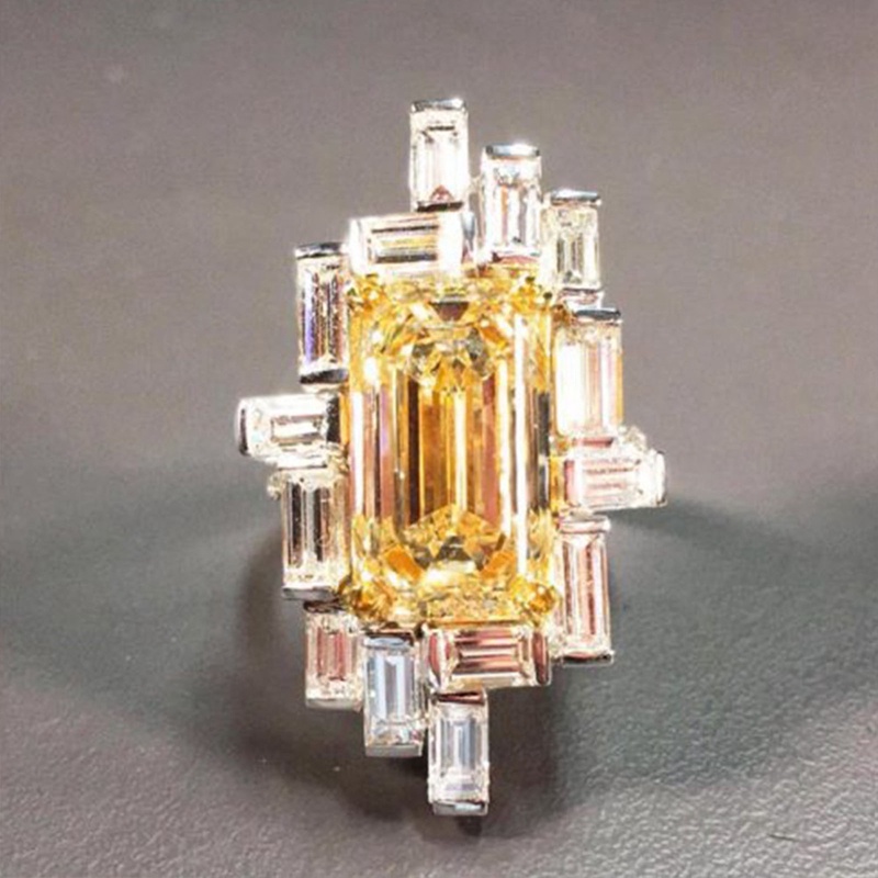 Cincin Cubic Zirconia Kuning Bentuk Geometris Mewah Untuk Wanita Temperamen Lady Finger Aksesoris Perhiasan Pesta Anniversary