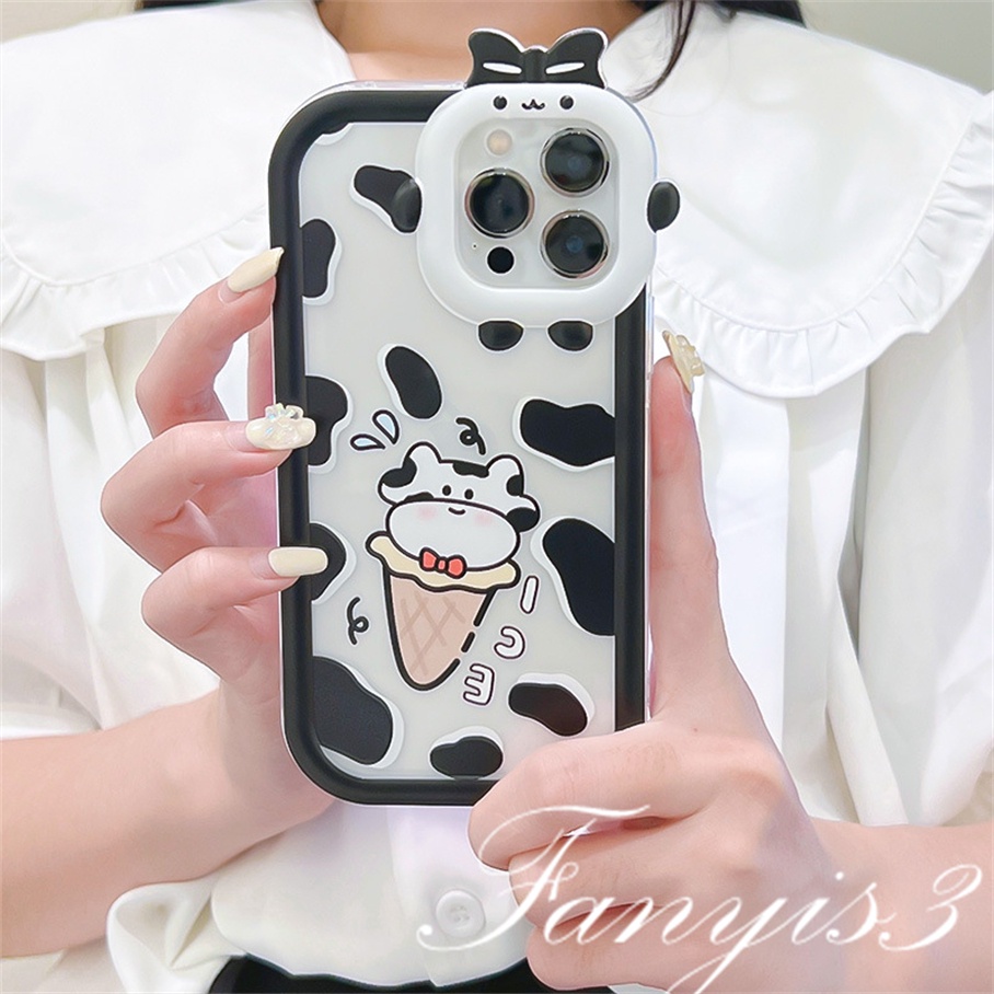 Compatible For iPhone 14 13 12 11 Pro Max X XR Xs Max 8 7 6 6s Plus SE 2020 Kompatibel Untuk Lucu Es Krim Sapi Monster Kecil Lensa Ponsel Case Bening Soft Cover