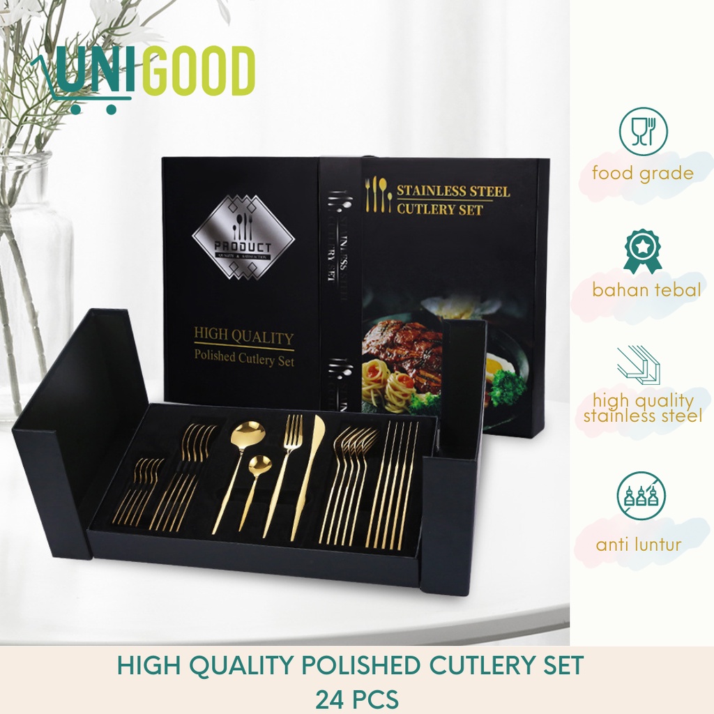 UNIGOOD - [High Quality] Cutlery Set 24 Pcs Alat Makan Stainless Gift Box Sendok Sultan