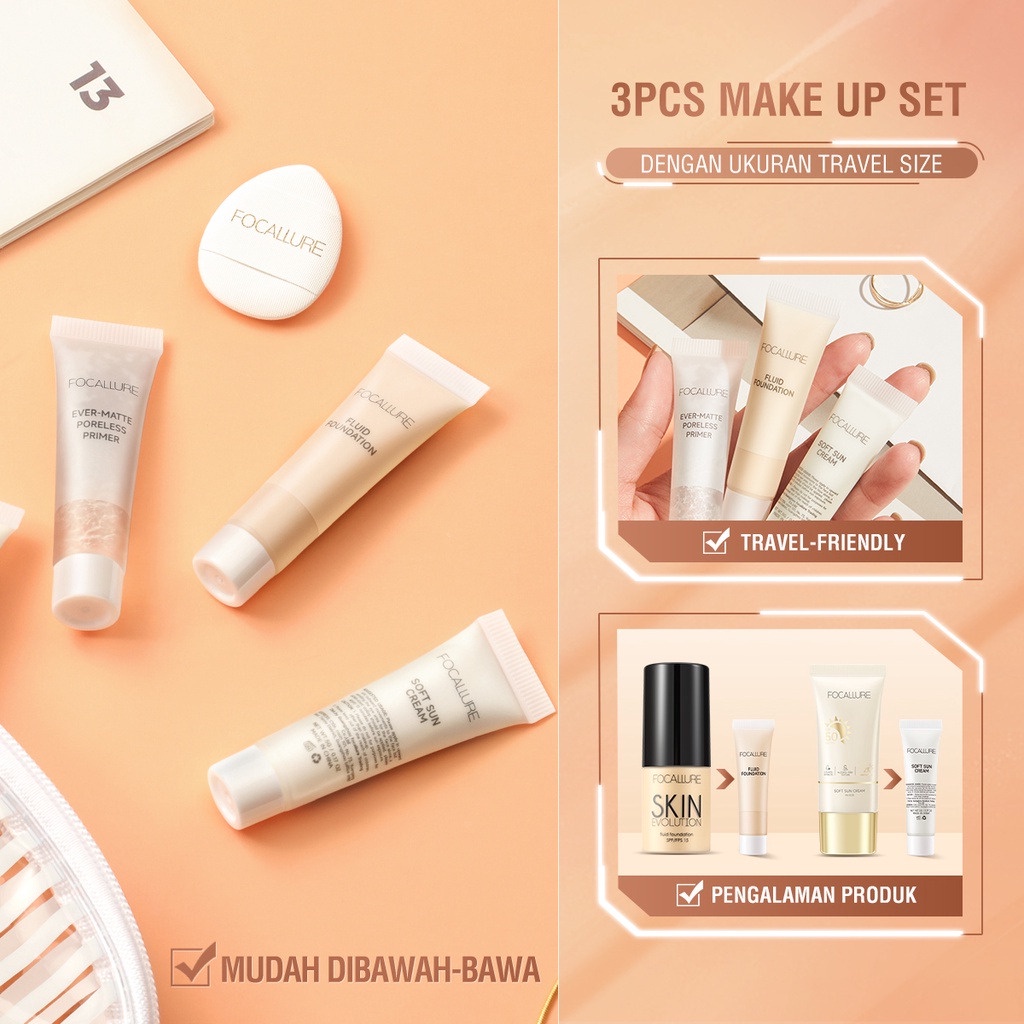 RAFEYLA - FOCALLURE 3pcs Face Beauty Set Include Foundation Sunscreen Sun Cream Primer Oil Control Travel Size Flawless Facial Makeup Kit Waterproof