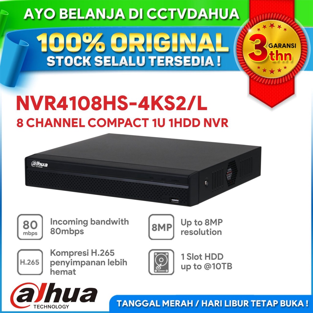 DAHUA NVR4108HS-4KS2/L  8 Channel Compact 1U 4K&amp;H.265 Lite Network Video Recorder