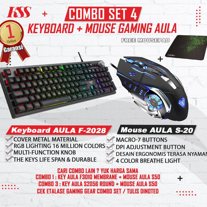 Combo AULA GAMING Keyboard F-2028 Knob dan Mouse AULA S20 RGB Lighting