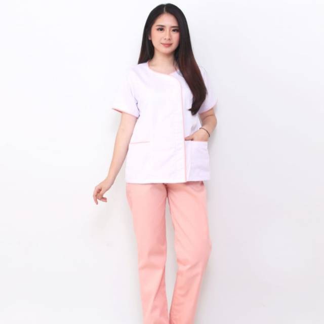 baju suster Baju Seragam Suster Zoe White Peach / Baju Baby Sitter/ Baju Suster - S(R1W0) Baju Suste