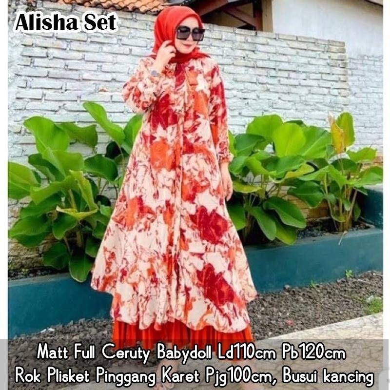 Cod Alisha setelan/set rok/setelan plisket/gamis ceruty/busana muslim/gamis lebaran/gamis murah/gami