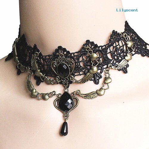 Ls Women's Vintage Gothic Steampunk Choker Renda Jantung Sayap Teardrop Kerah Kalung