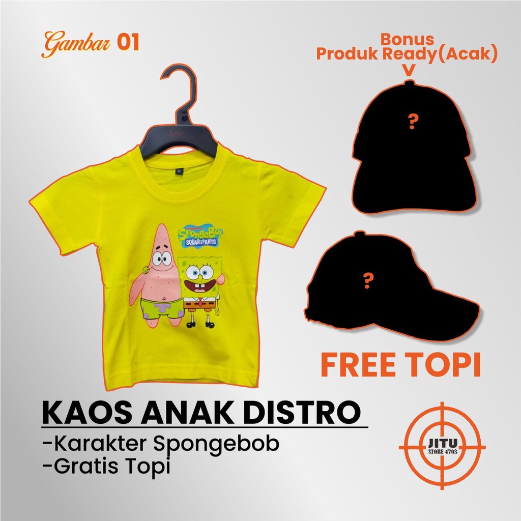 KAOS DTF ANAK DISTRO KARAKTER SPONGEBOB PATRICK SANDY SQUIDWARD MR CRAB BONUS GRATIS TOPI BORDIR