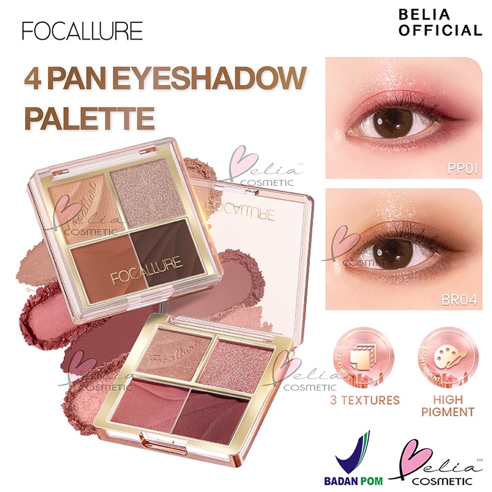 ❤ BELIA ❤ FOCALLURE 4 Pan Eyeshadow Palette FA314 | Shimmer Eyeshadow Palette 4 Shades High Pigment #AmberGold | BPOM