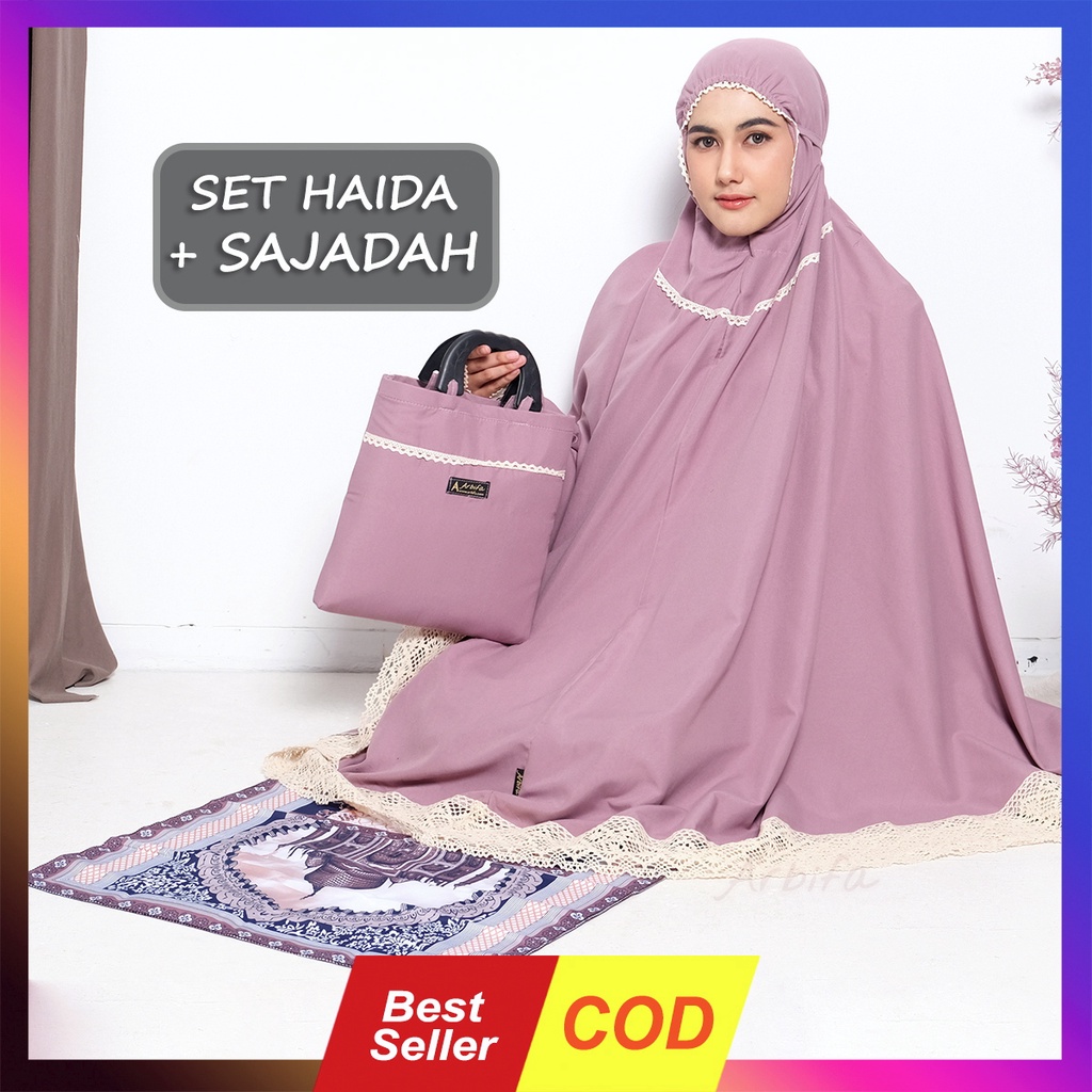 Set Sajadah + Mukena Renda Rajut Besar Lebar Haida Dewasa Jumbo Katun Polos