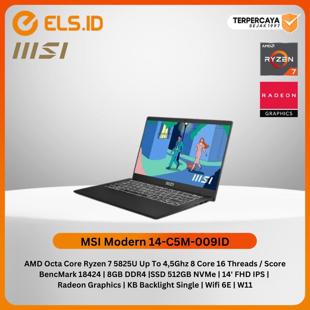 Laptop MSI Modern 14-C5M-009ID [ AMD Ryzen 7 5825U - 8GB DDR4 - SSD 512GB
