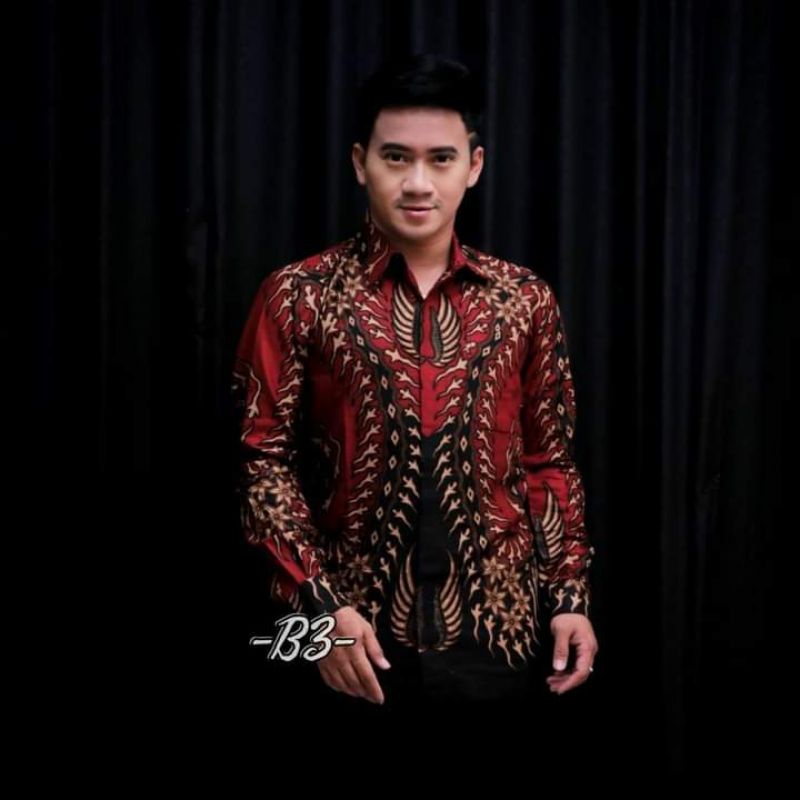 KEMEJA BATIK PRIA WARNA MERAH MAROON SLIMFIT ATASAN PRIA LENGAN PANJANG BATIK PEKALONGAN