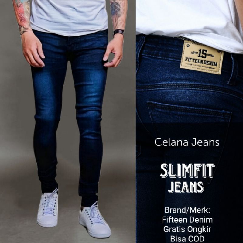 Celana Jeans pria cowo cowok Panjang pensil slimfit skinny (Promo Ramadhan Sale)-Biru Navy/Tua Gelap