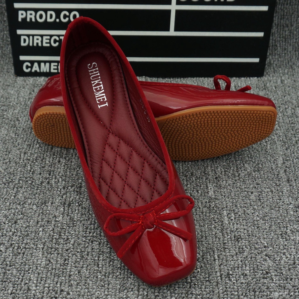 #Sisjuly# Sepatu persegi baru wanita sepatu kaki persegi paten kulit datar sepatu tunggal sepatu bal