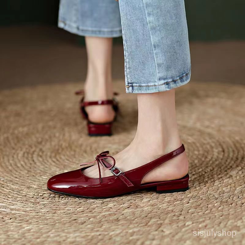 #Sisjuly# Sandal merah berongga Prancis baru wanita tebal dengan busur sepatu datar retro