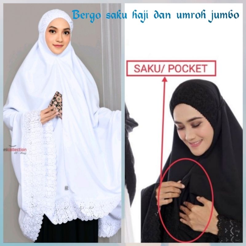 Jilbab Instant ll Bergo Saku Jumbo Haji Dan Umroh Katun Renda