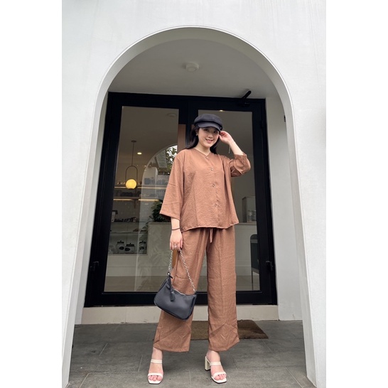 JOSHIN Olive Oneset Crinkle Button - Setelan Blouse Kemeja Kancing