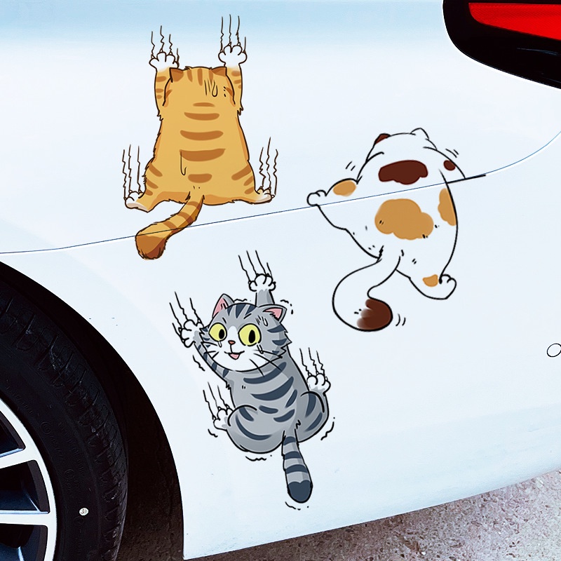 Body Mobil Kreatif Decals Laptop Botol Air Mobil Dekorasi Kucing Lucu Scratch Cover Car Decals Bumper Decal Tiga Kucing Panjat Hewan Styling Stiker Kartun Kucing Stiker