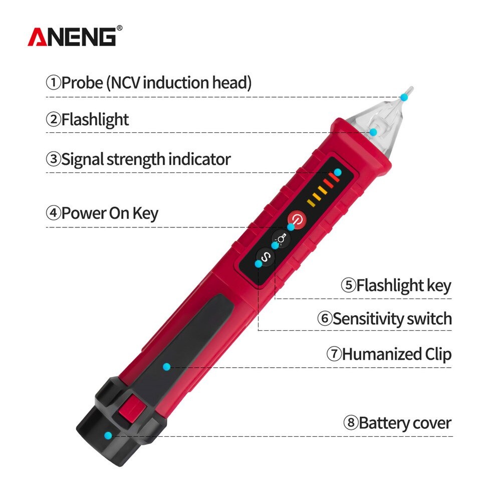 ANENG Tester Pen Non Contact AC Voltage Alert Detector 12 - 1000 V - VD802 - Red